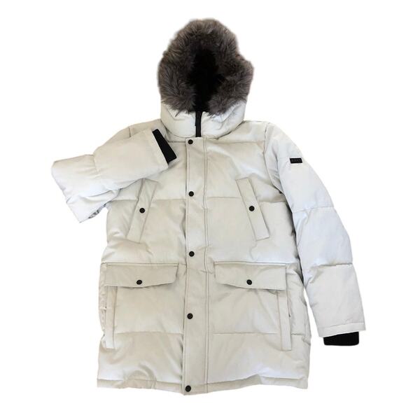 DKNY White Puffer Down coat with detachable fur on hood size medium - Picture 2 of 12